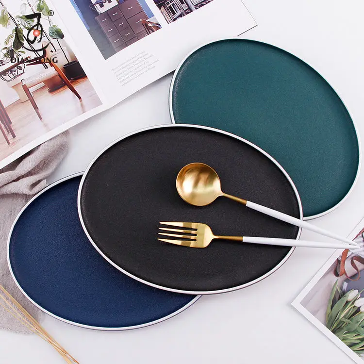 10 /12 inch Black /Blue /Green oval ceramic flat plate porcelain nordic fish plate for restaurant