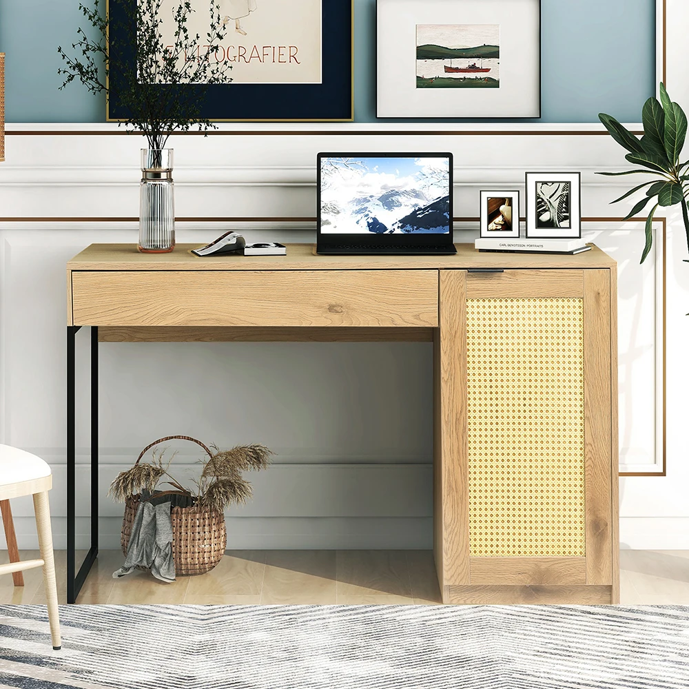 Modern Minimalist Family Wooden Desk Office Table With Natural Rattan Side Cabinet