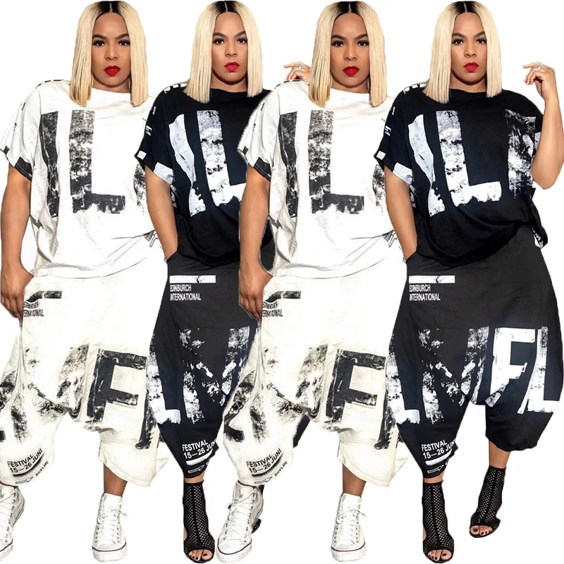 Fashion Clothes 2021 Women Letter Print Two Pieces Short Sleeve Harem Pants Set Plus Size Clothing