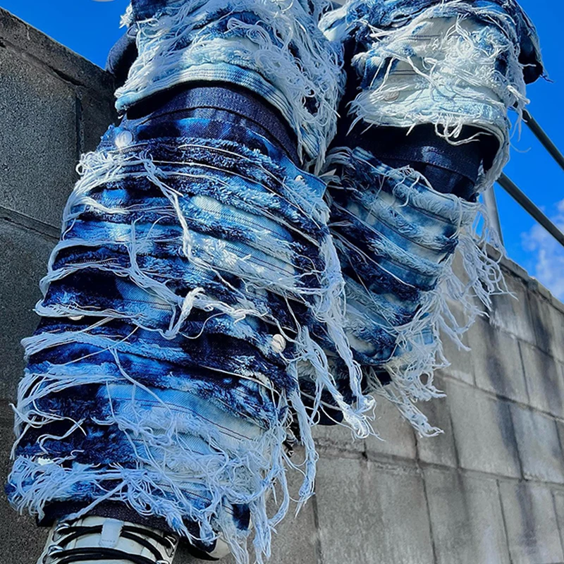 DiZNEW Custom silk fit blue embellished ripped jeans full cover straight loose stack jeans plus size