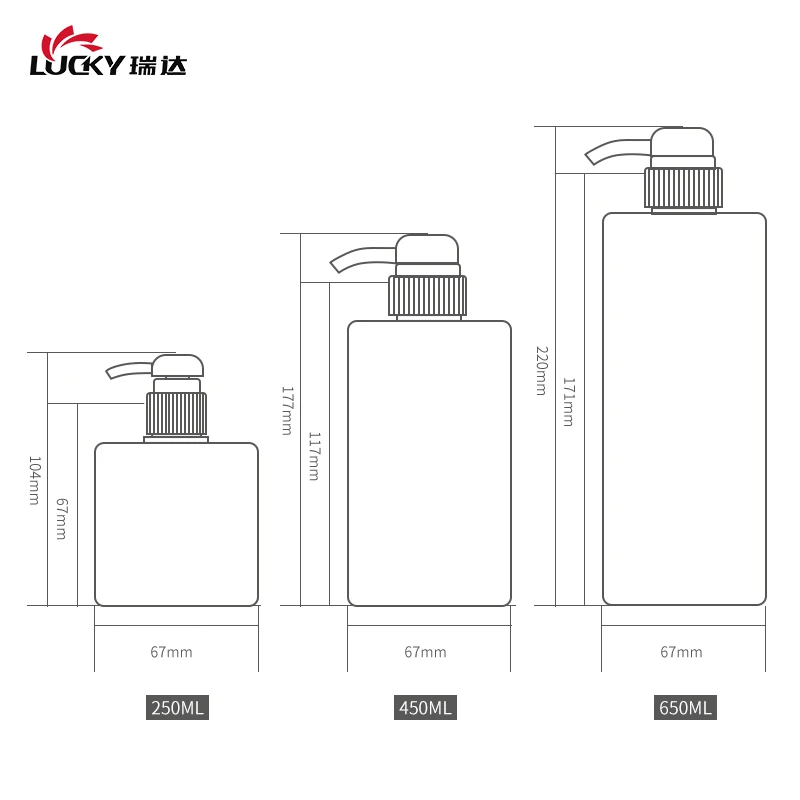 Wholesale 250ml 450ml 650ml Green Amber PETG Cosmetic Packaging Bottle Plastic Square Shampoo Empty Lotion Pump bottle