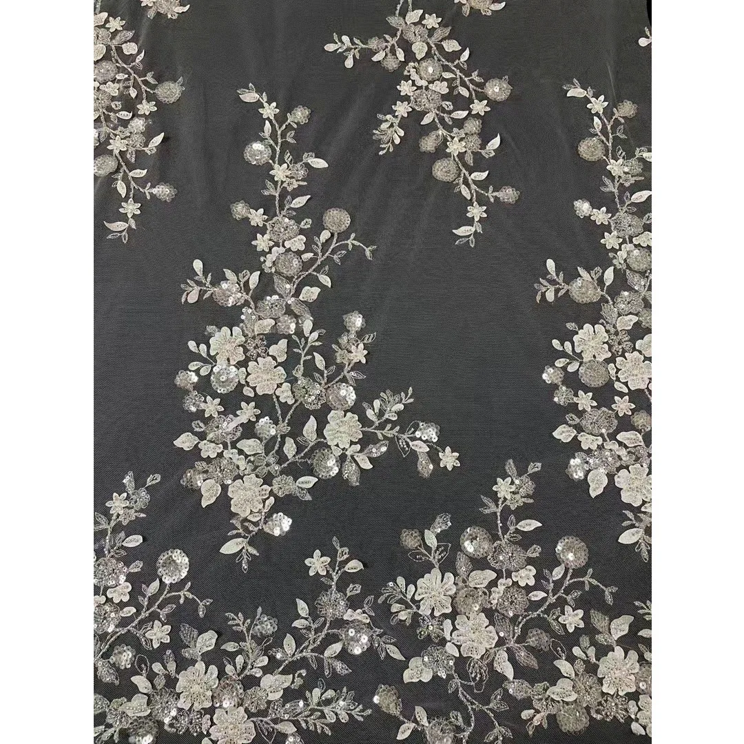 
Floral 3d laser-cut embroidery high grade sequins mixed mesh hand beaded fabric for bridal wedding dress 