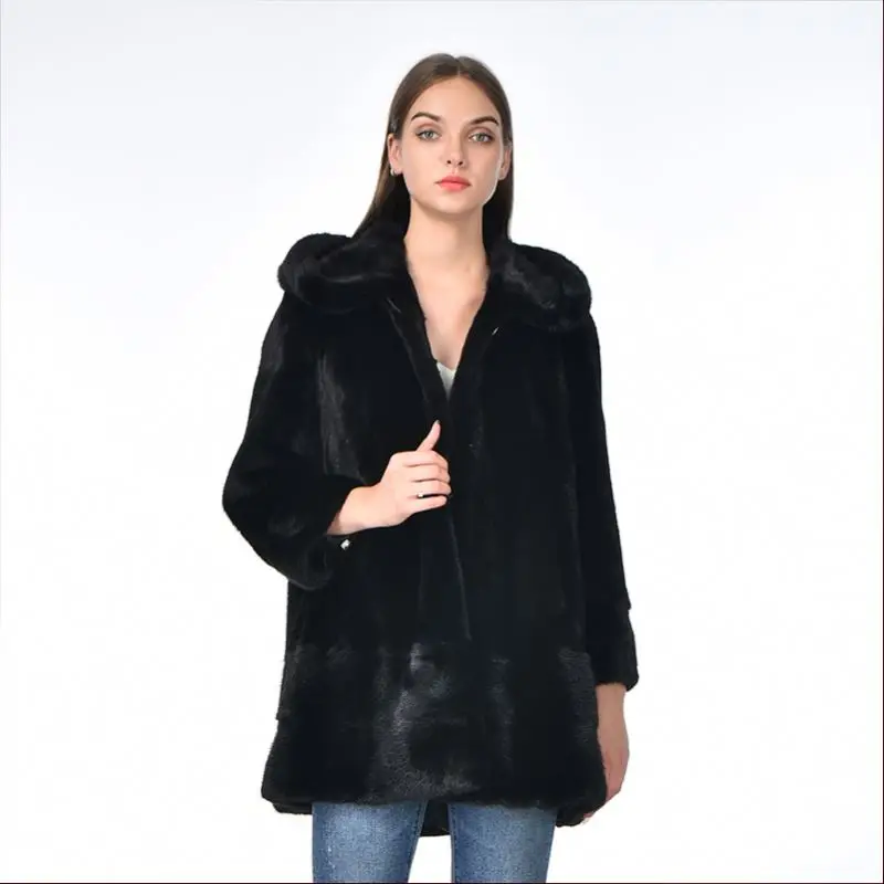 Premium Fashionable Elegant Puffy Plus Size Woman Genuine Long Mink Coat With Hood