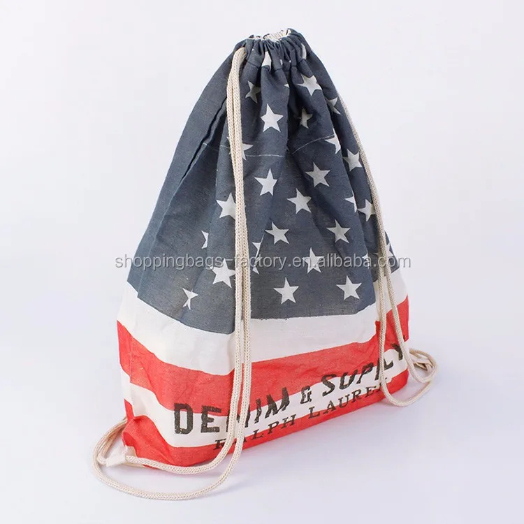 Fashion Flag Canvas Soft Cloth Calico Drawstring Bag Cotton Drawstring Backpack