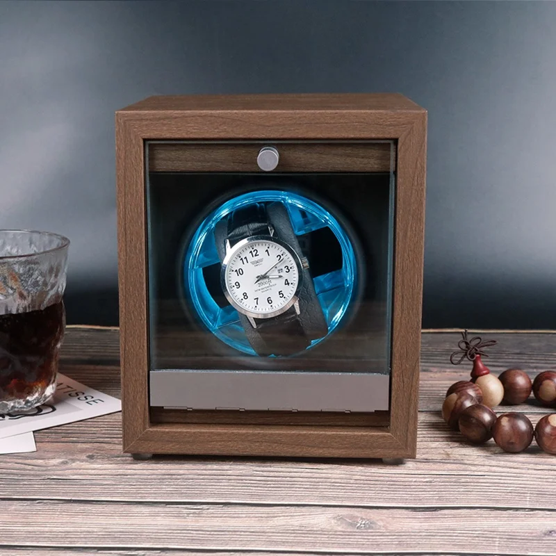Man Gift Hot Sell Walnut Wooden Auto Silent Rotating Watch Winder Box with Led Light
