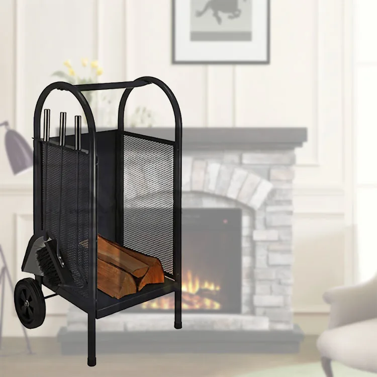 Firewood Log Rack with Wheels, Firewood Log Cart with 3 Tools Fireplace Log Carriers Holders Black Wrought Iron Fireplace Tool