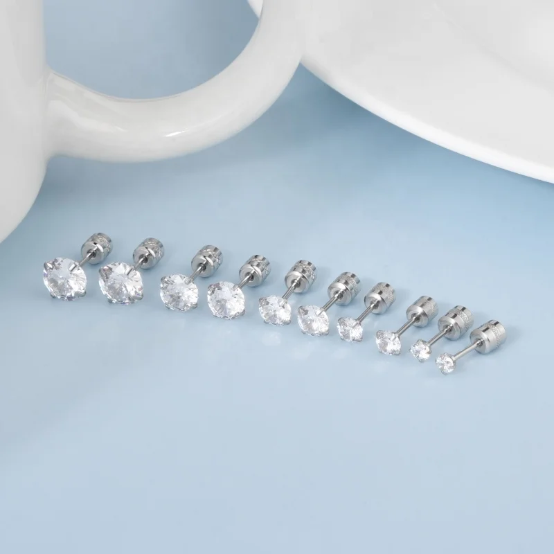 Wholesale Hypoallergenic Round Cubic Zirconia Earring Stainless Steel Gold Plated Jewelry CZ Stud Earrings Men Women