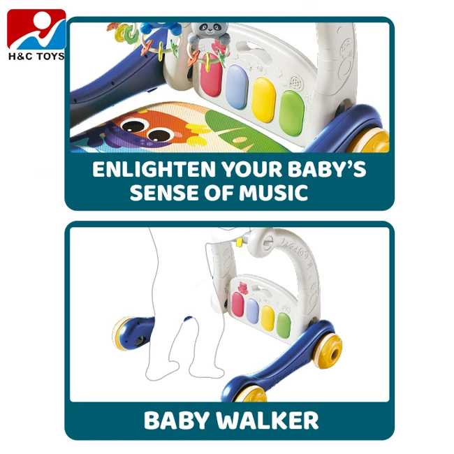 Cute rattle pendant gym rack pedal piano mat 2 in 1 toddler walker multifunction play mat for baby