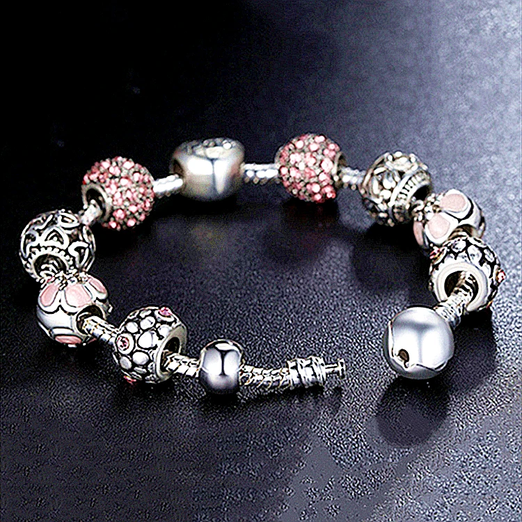 
Designer love heart 925 Silver plated brass beaded charm bracelets for women jewelry 