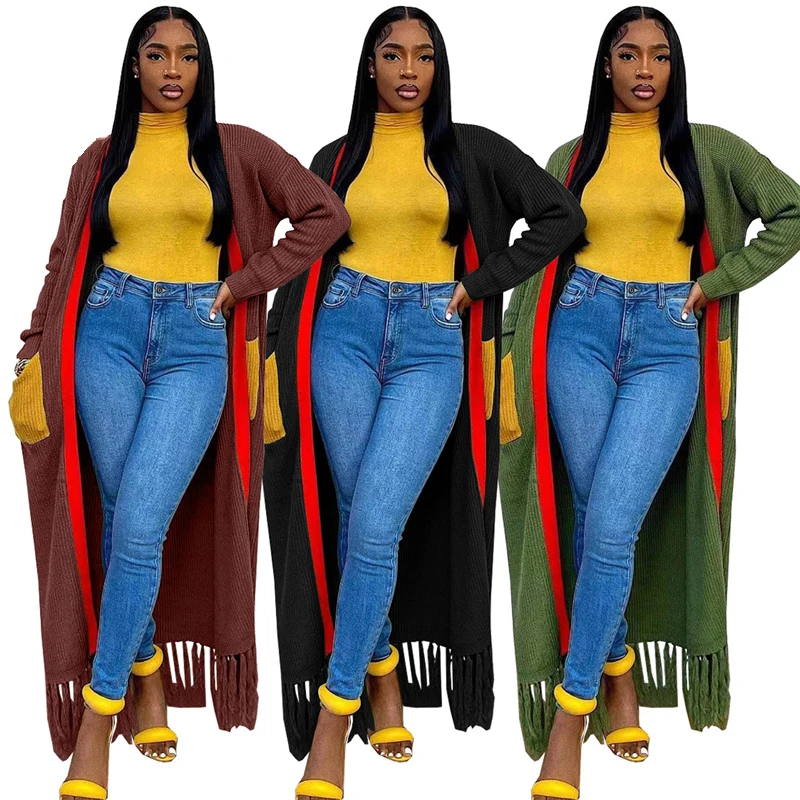 2023 Fall Winter Ladies Thicken Sweater Cardigan Women Tassel Coat Trendy Patchwork Long Knitted Cardigan
