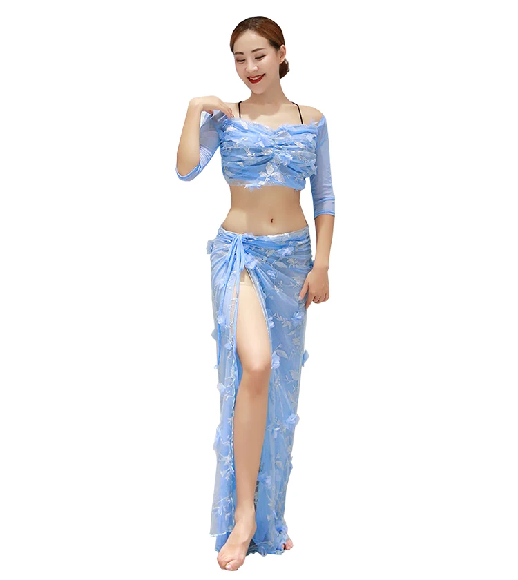 QC3098  Wuchieal New Design Belly Dance Wear with Middle Sleeve Top and Long Skirt with High Slit