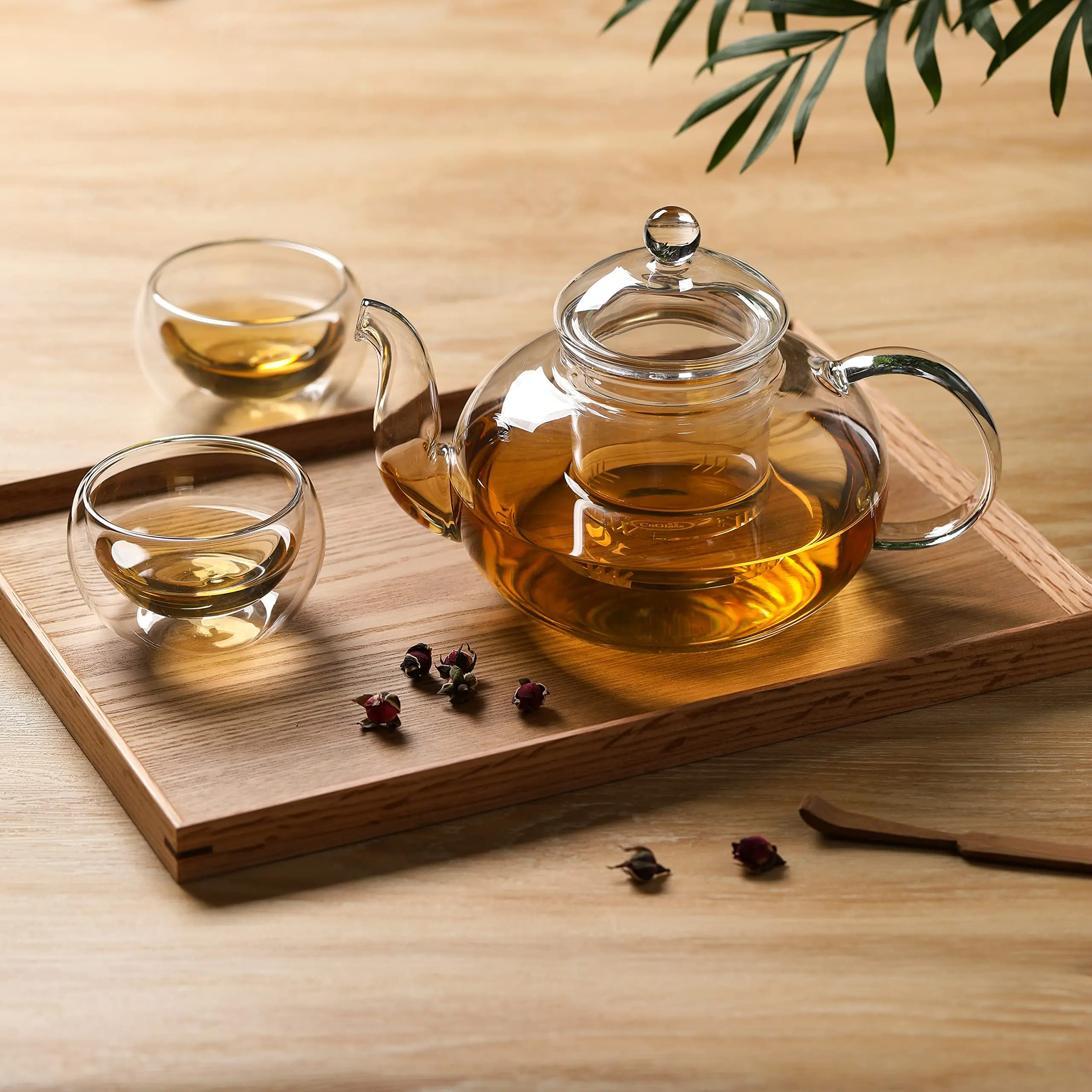 Glass Teapot Set, Tea Kettle Infuser with a Candle Warmer 5 Double Wall Cups and a Removable Strainer Stovetop Safe Tea Pot w