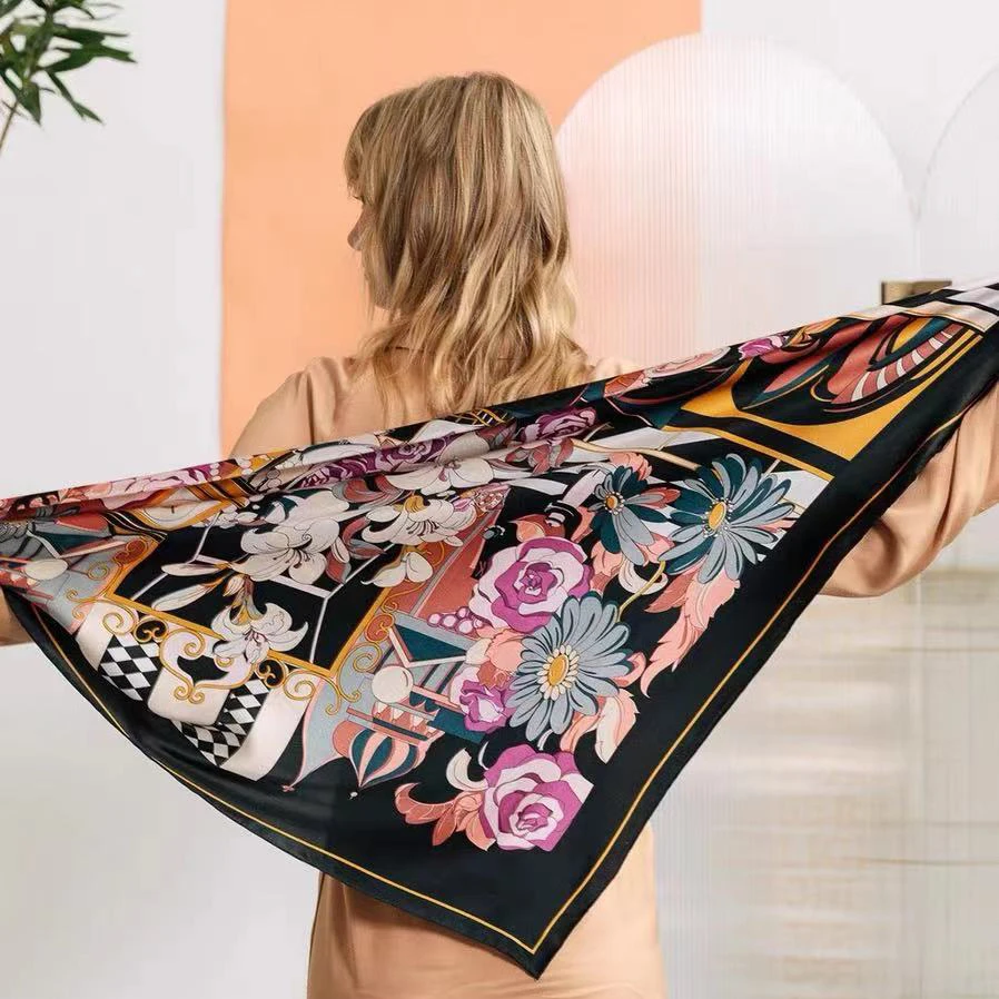 Custom printed silk satin desginer hair silk square scarf hair square polyester ethicon soie scarves ladies BB