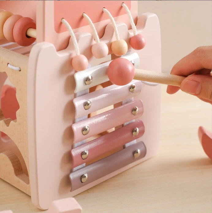 5 in 1 Montessori wooden pink castle blocks Activity Busy Cube toys for Kids girls Xylophone Education Musical Instrument