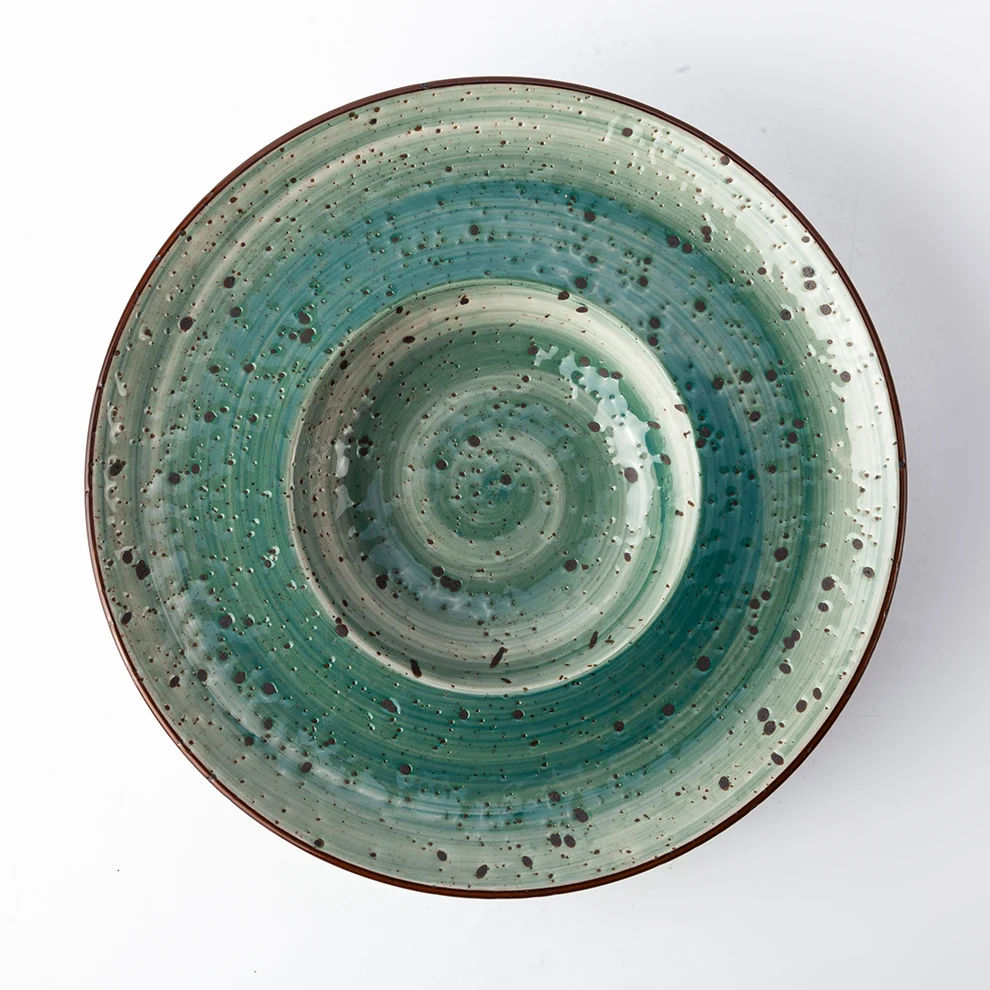Shengjing Japanese And Korean Unique Creative Ceramic Tableware Green With Dots Dinner Porcelain Wide Rim Deep Dish Soup Plate