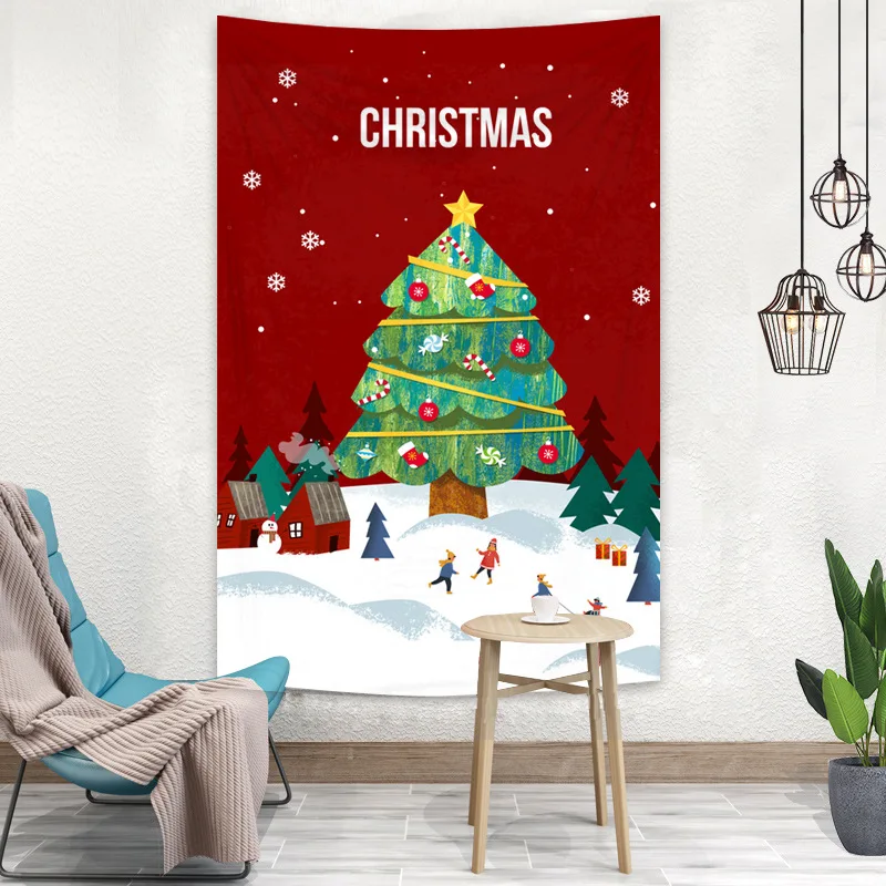 Ins Merry Christmas Festival Printed Peach Skin Fabric Rectangle Home Decorative Wall Hanging Tapestry