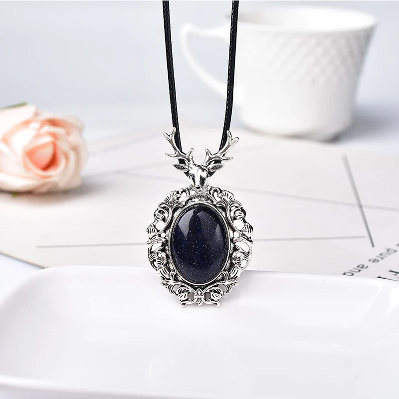 Nordic Sika Crystal Gemstone Red Agate Pendant Christmas Deer Necklace Silver Jewelry Black Cord Chain For Men And Women Gifts