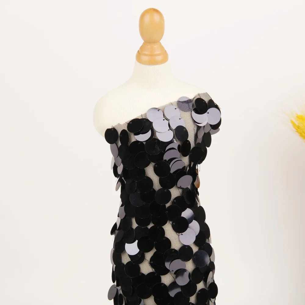 High Quality Dark blue Color 18mm Sequin Spangle Mesh Embroidered big sequence fabric for Teal Sequin Fashion Dress