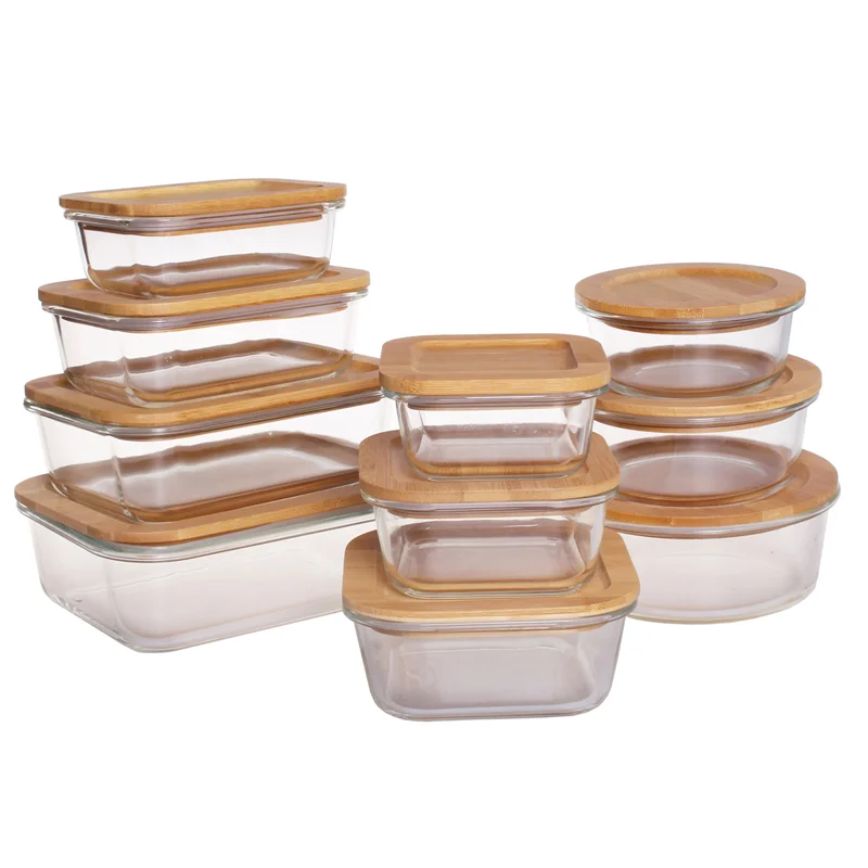Microwave safe glass lunch box with wooden lid bamboo lids portable leakproof borosilicate containers
