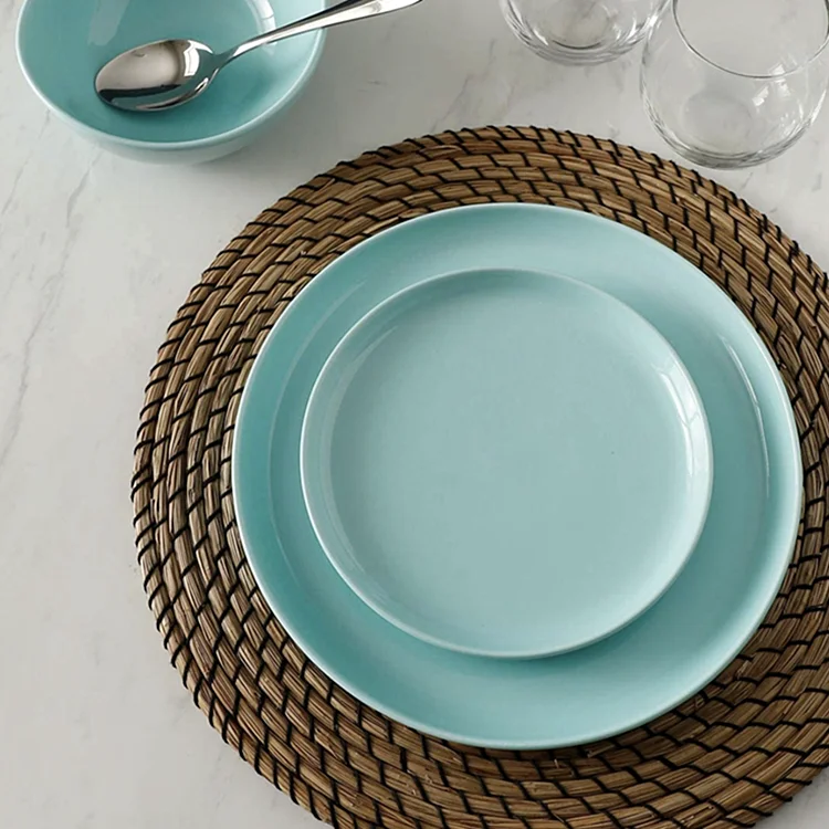 Bulk wholesale Turkish restaurant wedding sky blue glazed round exquisite ceramic salad breakfast plate