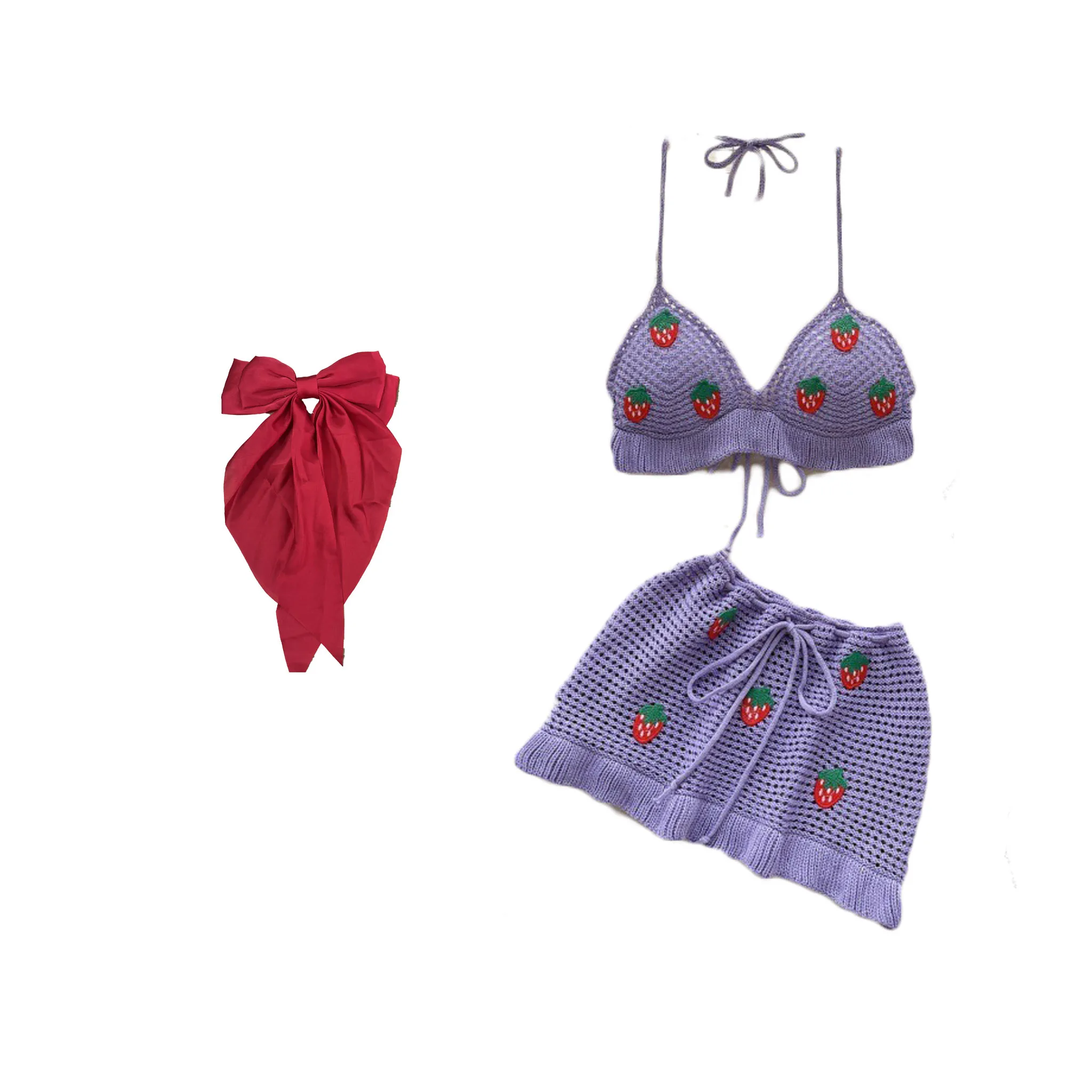 Cute Women Beach Knitted Halter Backless + Mini Skirt + Hair Bow Fashion  Strawberry Beach 3 piece Skirt Set