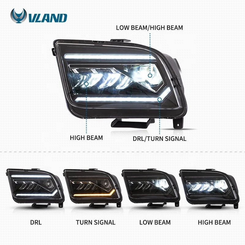 VLAND Factory LED Headlight for Ford Mustang 2005 2006 2007 2008 2009 Body Kit Accessories Light Car Bodykit Auto Parts Head