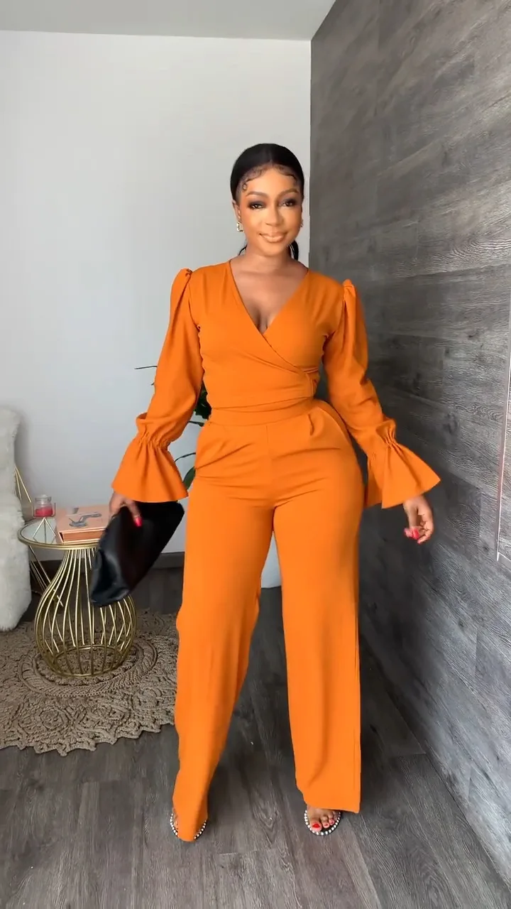 BOBOYU fall 2022 new arrivals elegant two piece pants set flare sleeve v neck crop top women wide leg pants classy two piece set