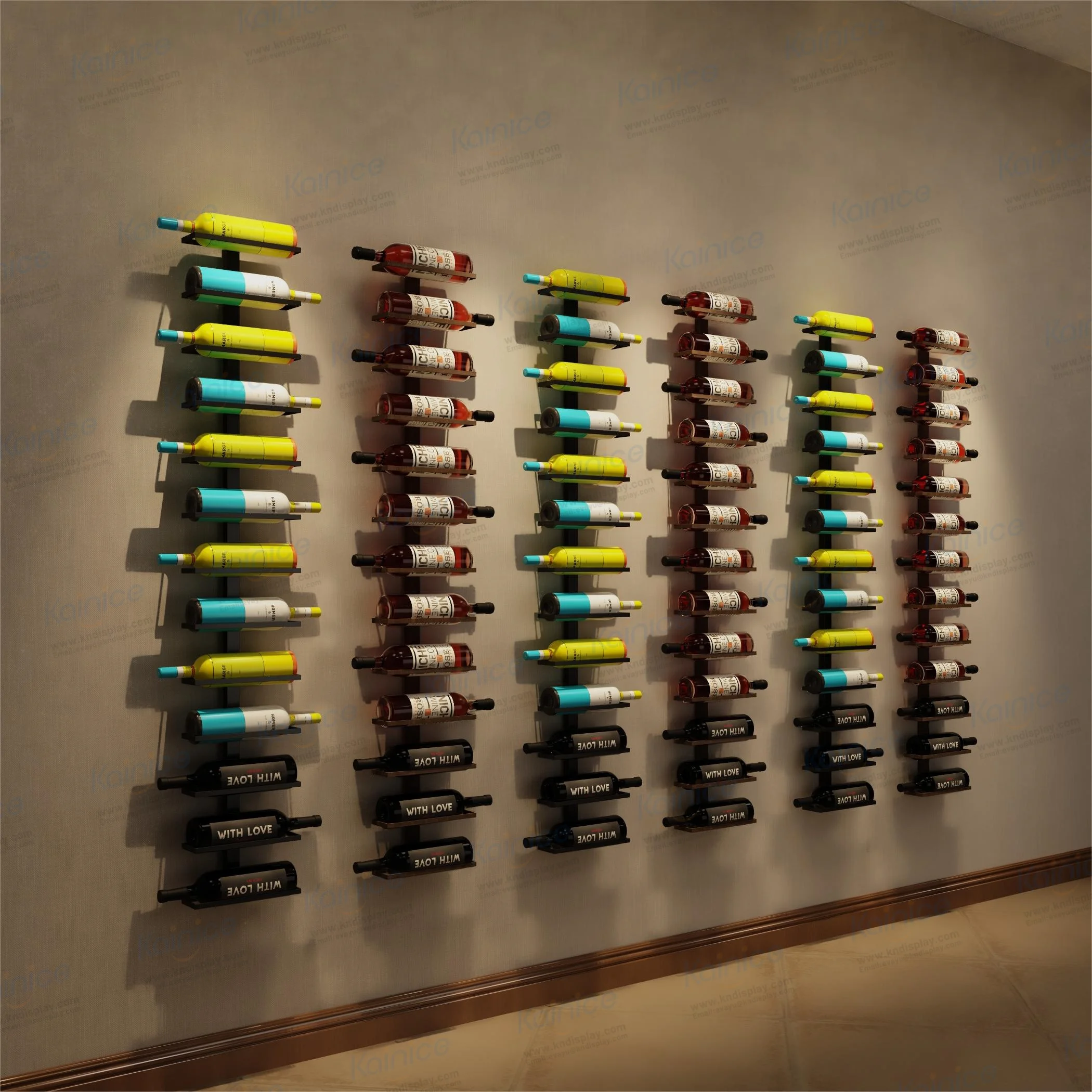 Kainice wall mounted led lighted bar shelf metal wood floating wine glass holder retail wine bottle display shelf rack