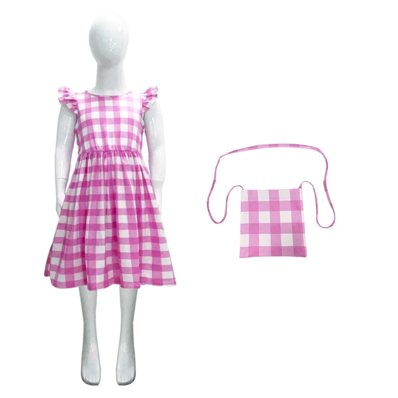 Halloween Girls Pink Plaid Dress for Kids Cosplay Costumes with bag 3-14 Year