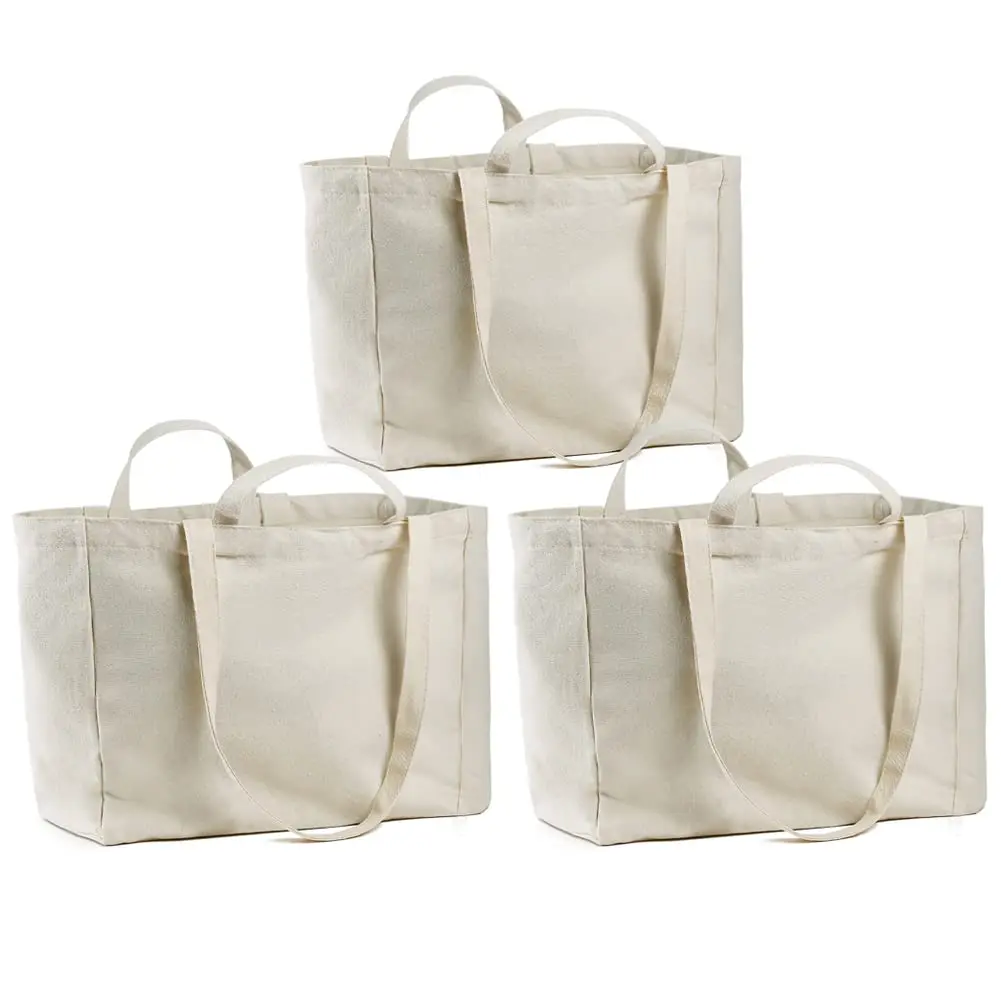 Cotton Tote Bag with Real Pockets for Shopping, Long Shoulder Strap and Short Handle. Heavy Duty, Foldable, Washable