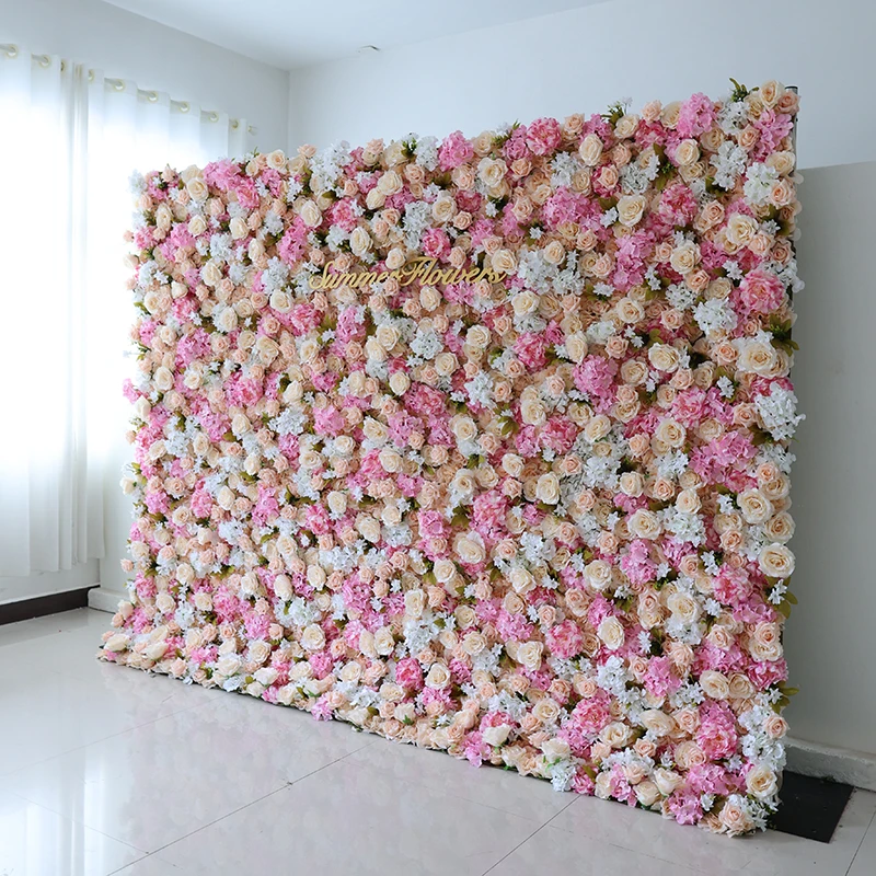ZHANGJIAJIE SUMMER FLOWER Wholesale Artificial Silk Pink Decoration Roll Up Flower Wall Backdrop