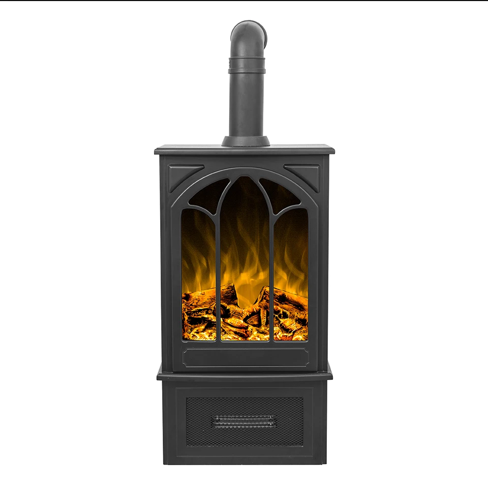 Wood burning stove style electric fireplace heater with pipe