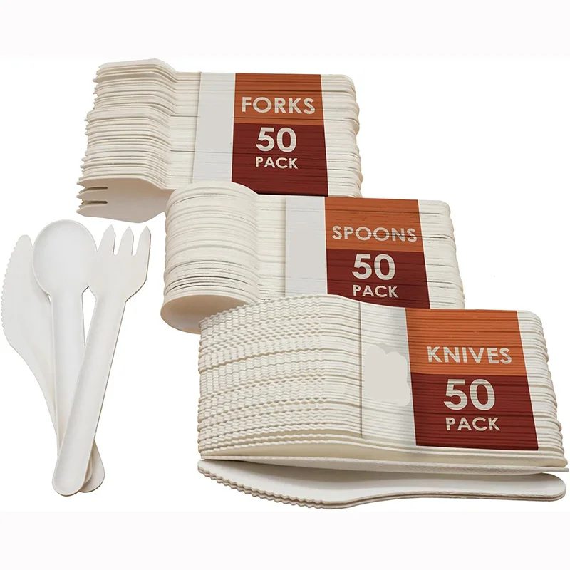 Heavy Duty biodegradable compostable sugarcane bagasse paper pulp disposable cutlery set wholesale knife spoon and fork