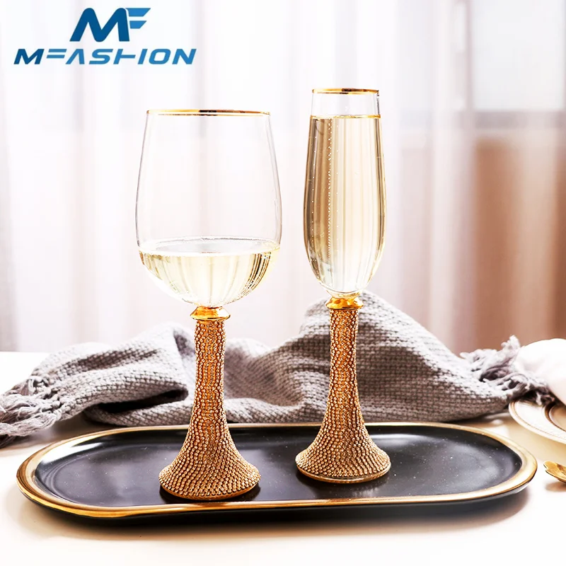 New arrivals discount price in stock amazon hot sale luxurious rhinestone lead free crystal champagne and wine glass gold rim