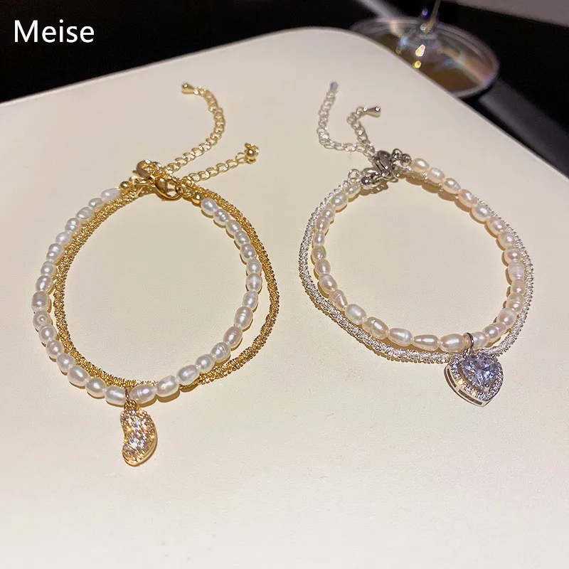 Yiwu Meise YY602 18k Gold Plated Chain Zircon Natural Freshwater Pearl Beaded Bracelet Heart Peanut Charm Bracelet