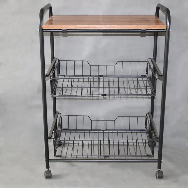 promotion 3 tier Kitchen Food Storage Shelf with Wheels Hand Carts Storage Serving Plank Rolling Trolley Cart