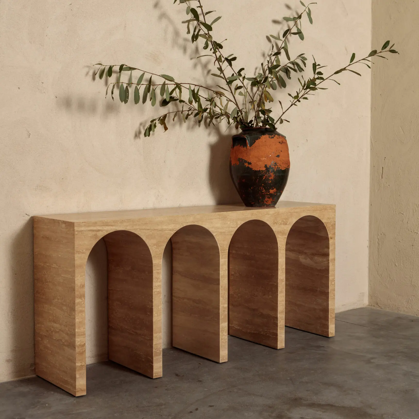 Home Decor Nordic Style Modern Stone Furniture Arch Shape Entryway Italian Marble Decor Travertine Console Tables