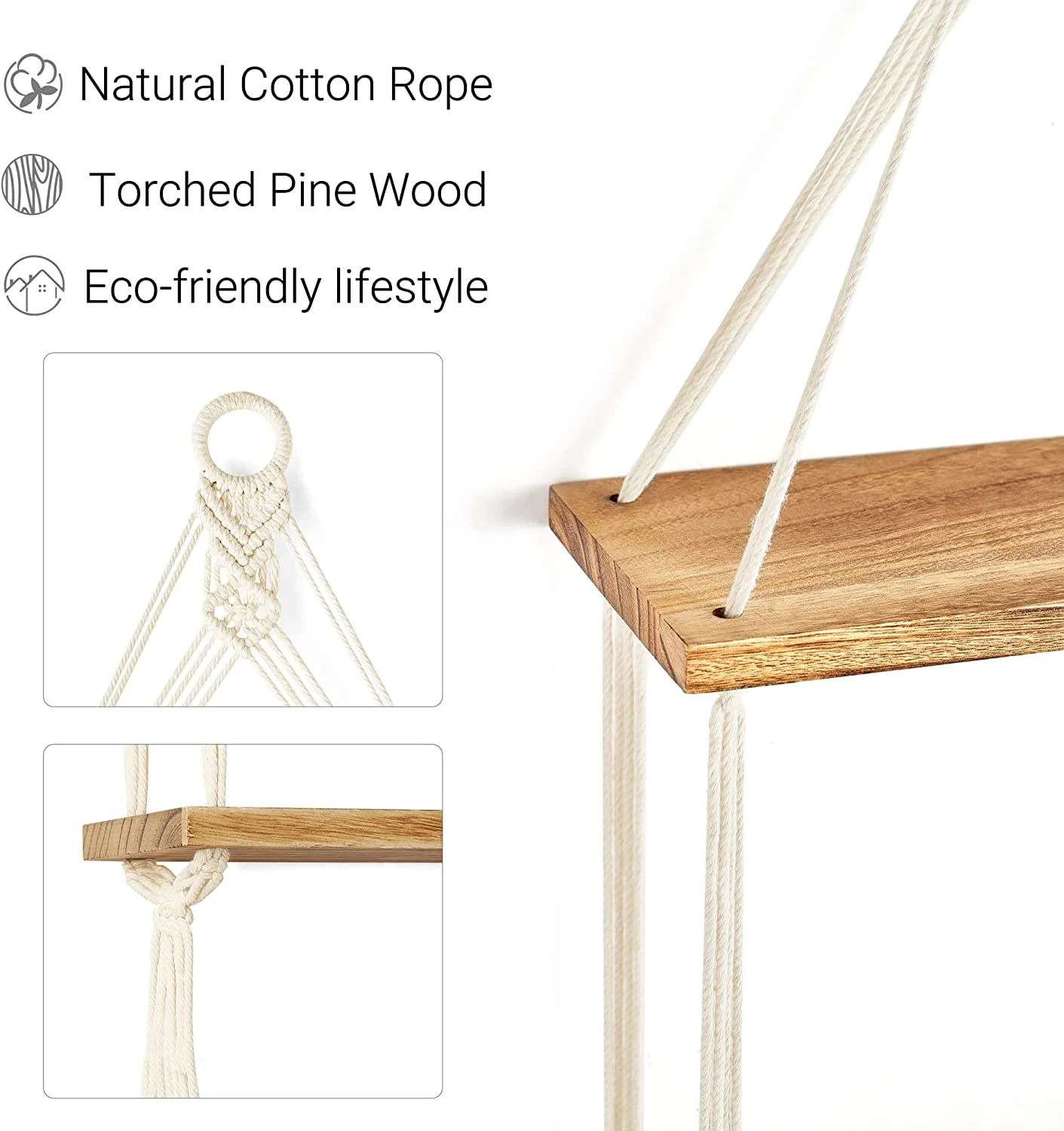 Antique Wood Floating Wall Rack Boho Style 2-Layered Braided Rope Modern Home Decor Model Shelf Pattern Love Theme Box Included