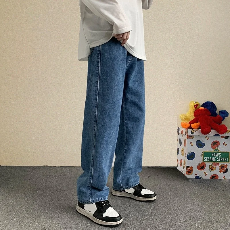 2023 Spring New Streetwear Baggy Jeans Men Korean Fashion Loose Straight Wide Leg Pants Male Brand Clothing Black Light Blue