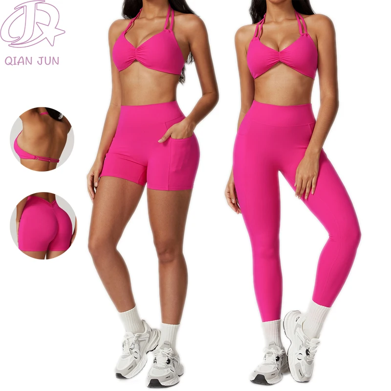 New Women Sexy Straps Sports Bra Butt Lift Shorts Two Piece Gym Yoga Set Suit Women Workout Fitness Active Wear