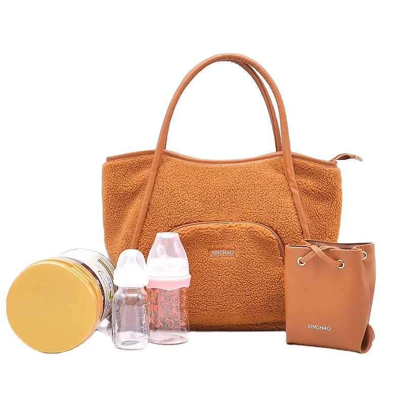 Custom Fashion Cute Women Ladies Mummy Mommy Brown Lambswool Big Capacity Tote Baby Diaper Bags for Mom