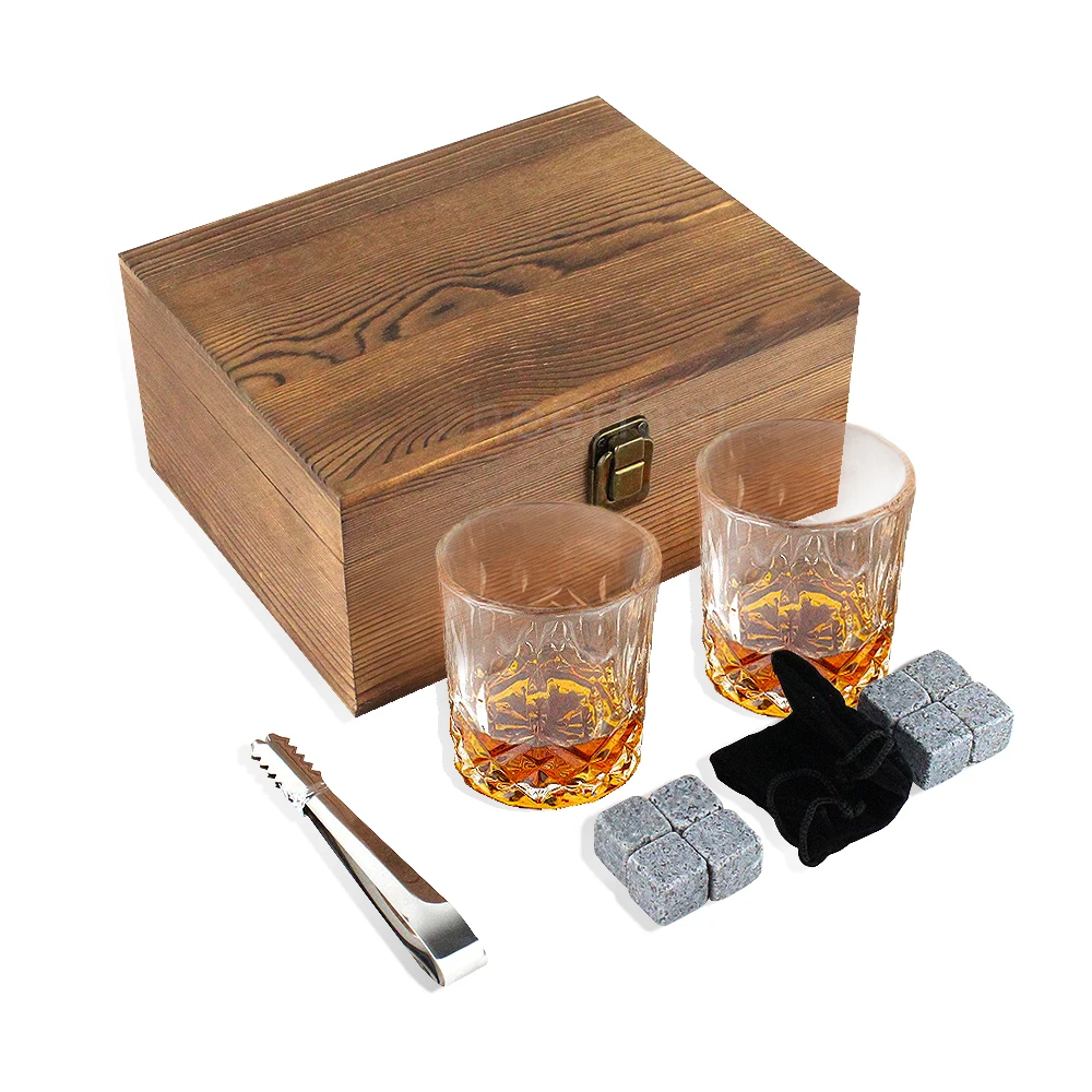 Top Sales Whiskey Stones  Gift Set And  Granite Whiskey Cooling Ice Cube With Wood Gift Box Set And Whiskey Glass Set