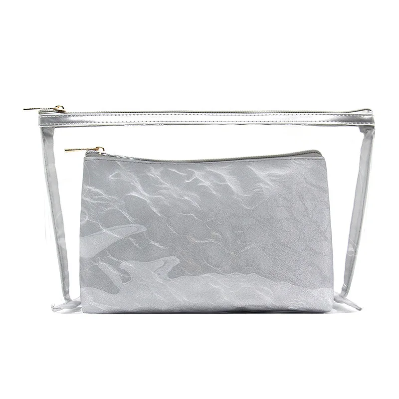 Custom logo waterproof mermaid wash pouch carry-on hand bag women holographic mini 2 in 1 clear zipper cosmetic makeup bag pouch