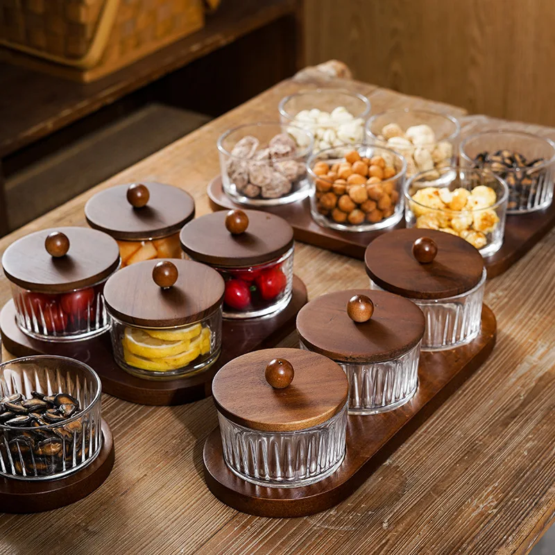 Light luxury fruit plate household snack display plate living room partitioned fruit plate glass bowl dessert acacia wood tray