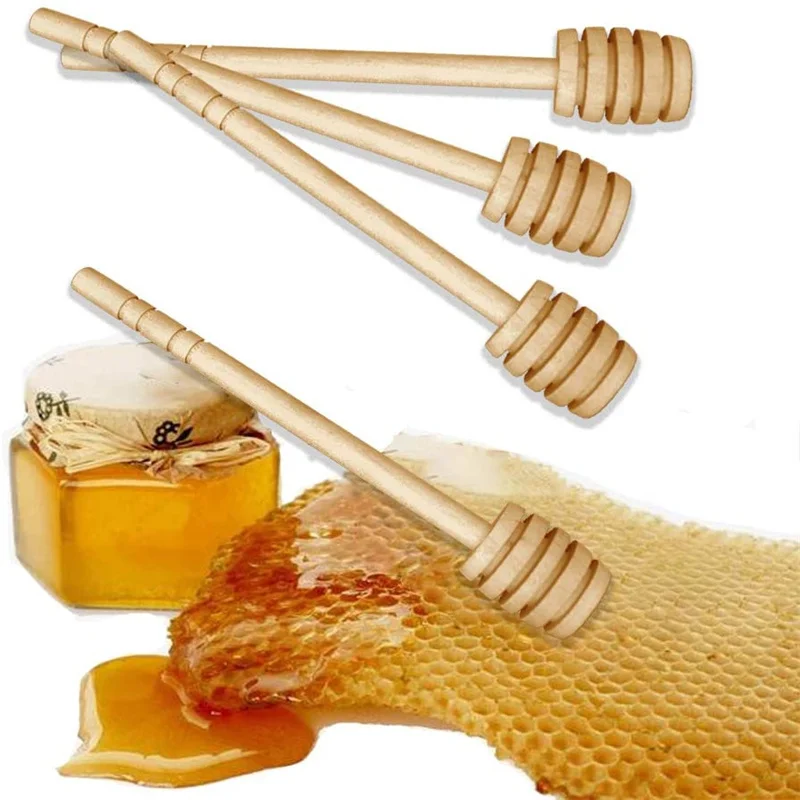 Set Bee Shaped With Wood Lid Eco Friendly Stick Wooden Honey Dipper Wholesale For Guest