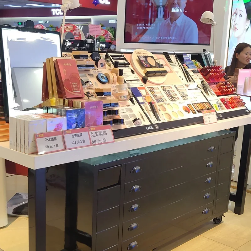 Store Layout Equipment Showroom Design Wooden Showcase Makeup Floor Stand Kiosk Cosmetic Display Rack