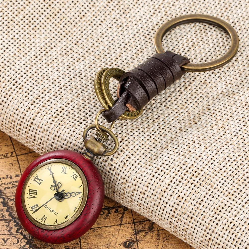 Antique Leather Chain Clock Red Wood Case Reloj De Bolsillo Old Fashion Mini Pendant Pocket Watch