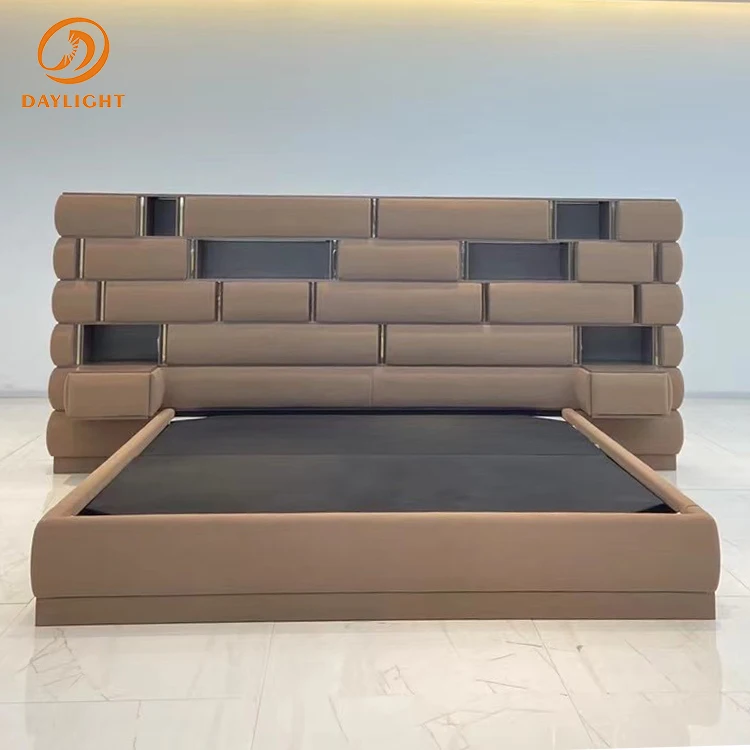 chinese foshan factory customized platform brown beds leather wooden frame furniture