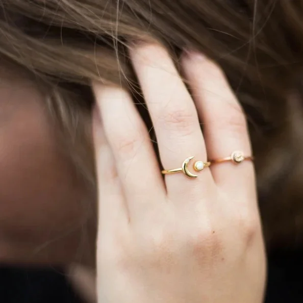 INS Moon Stone Opal Moon Sun Open Stainless Steel Ring 18K Gold Plated Adjustable Finger Rings Waterproof Tarnish Free Jewelry