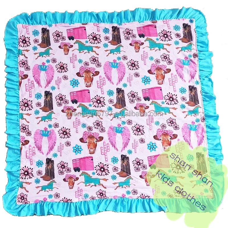 High Quality 2022 Custom Pattern Western Cow Print  Velvet Fabric Super Soft Blue Plush Blanket